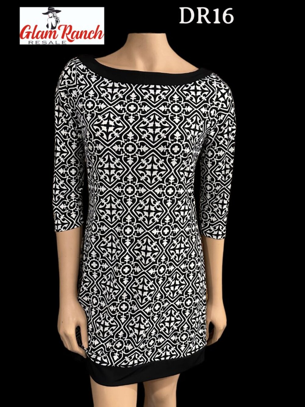 VGC White House Black Market Black & White 3/4 Sleeve Dress Sz Small